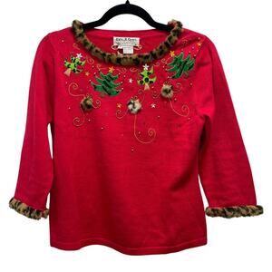 Jack B Quick Christmas Sweater Small Red Tree Reindeer Faux Fur Holiday Y2K